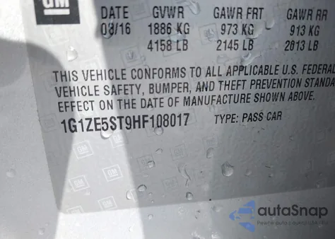 2017 Chevrolet Malibu 1Lt из США, поврежденный, VIN 1G1ZE5ST9HF108017